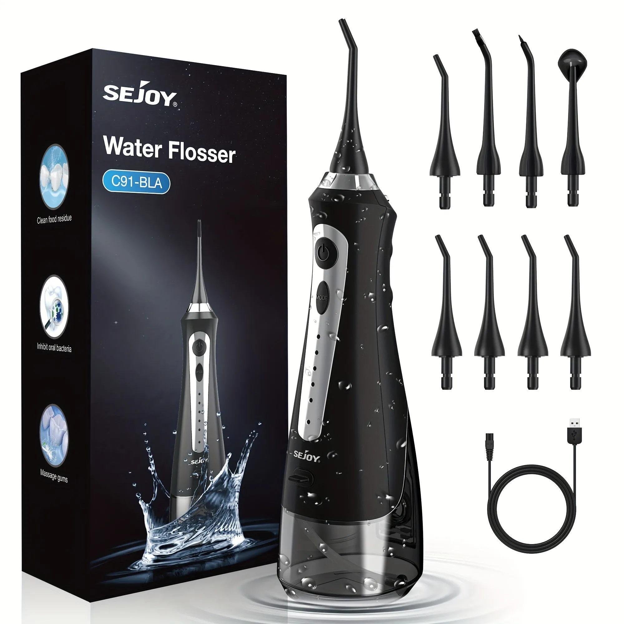 Sejoy Cordless Water Flosser - DIY Flossing Pressure Oral Irrigator For Teeth, 230ml Large Water Tank, 8 Dental Tips, 5 Clean Mode, USB Rechargeable