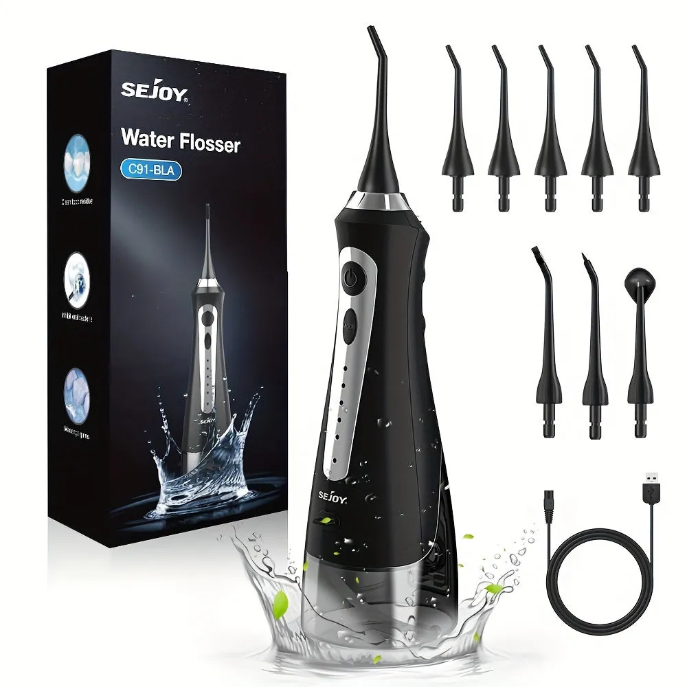 Sejoy Cordless Water Flosser - DIY Flossing Pressure Oral Irrigator For Teeth, 230ml Large Water Tank, 8 Dental Tips, 5 Clean Mode, USB Rechargeable