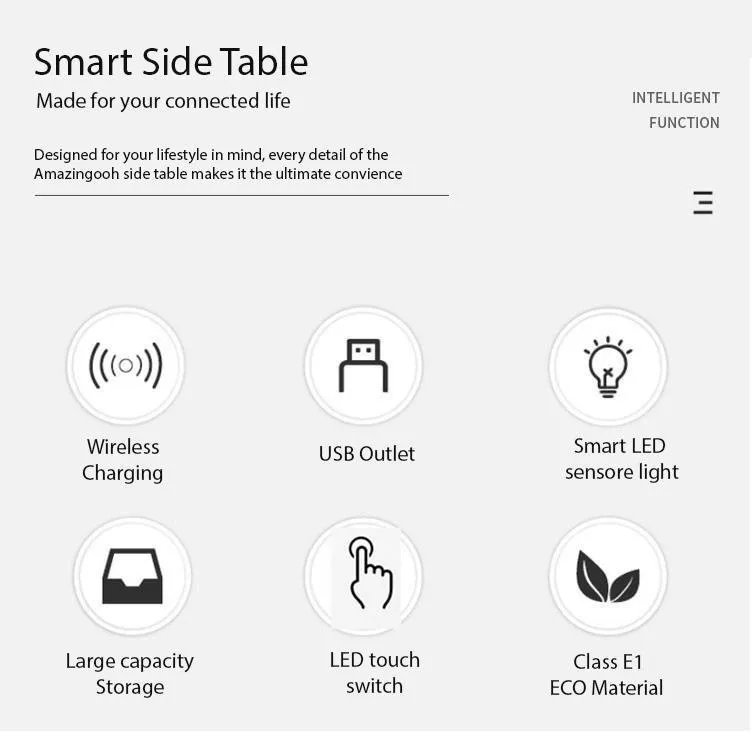 Smart Bedside Tables Side 3 Drawers Wireless Charging Nightstand LED Light USB Left Hand Connection