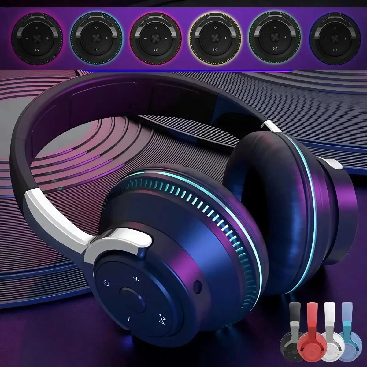 SMAXPro™ Over-Ear Bluetooth Headphones w/ Mic: LED Lights, Noise Cancelling, Stereo Bass, Foldable Wireless