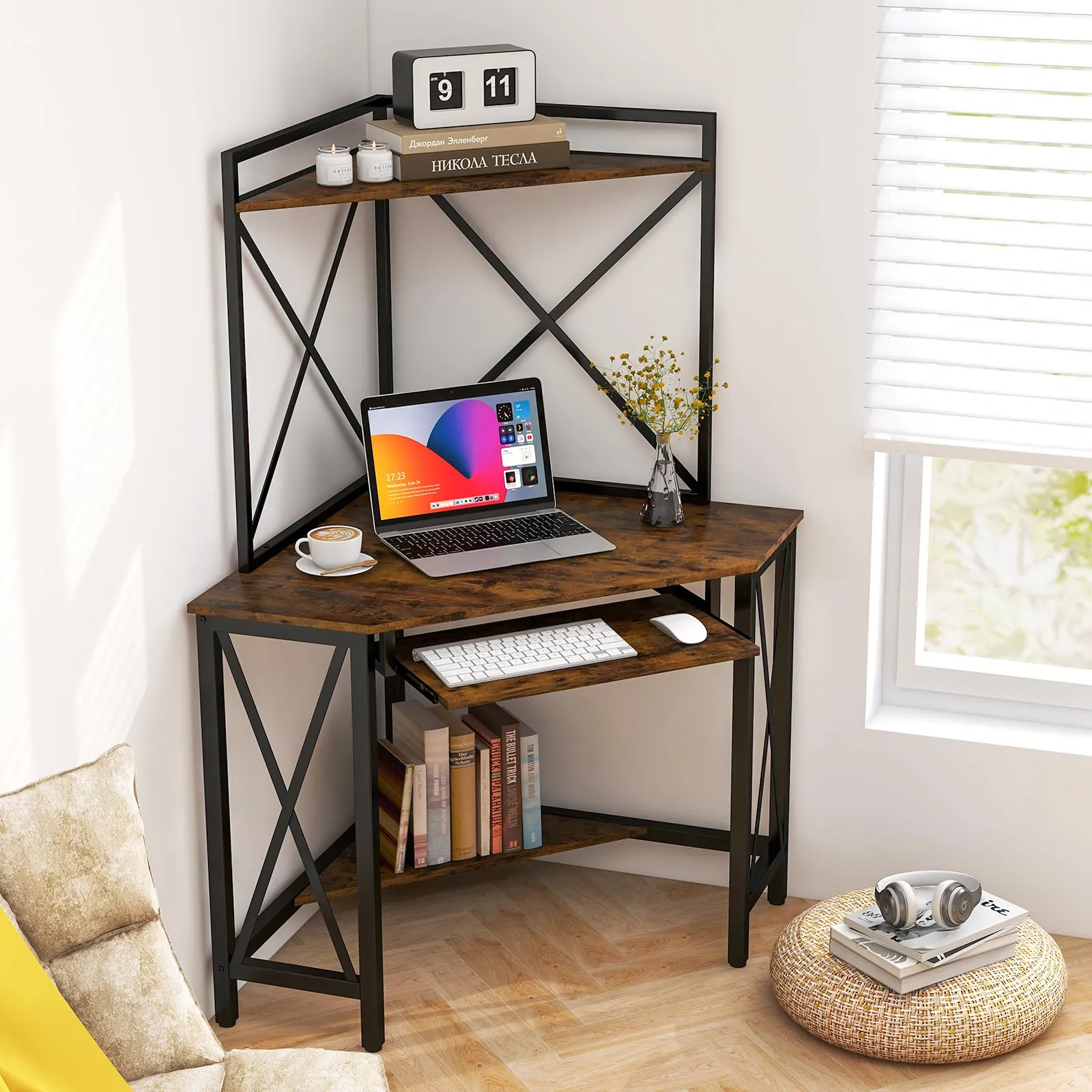 Tangkula Corner Desk with Hutch